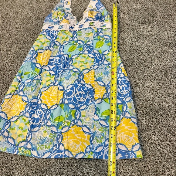 LILLY PULITZER 4 S Blue Yellow Floral Halter Macrame Detail Dress R $198 - Picture 6 of 11